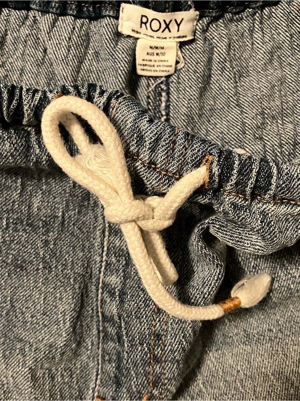 Roxy Light Wash Denim Shorts with Cream Drawstring